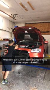 Mitsubishi Evo X in for some maintenance and aftermarket parts install
